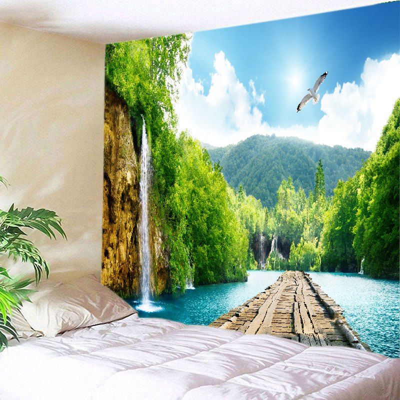 

Mountains River Bridge Print Tapestry Wall Hanging Art Decoration, Green