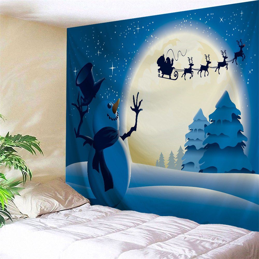 

Christmas Night Snowman Print Tapestry Wall Hanging Art Decoration, Blue