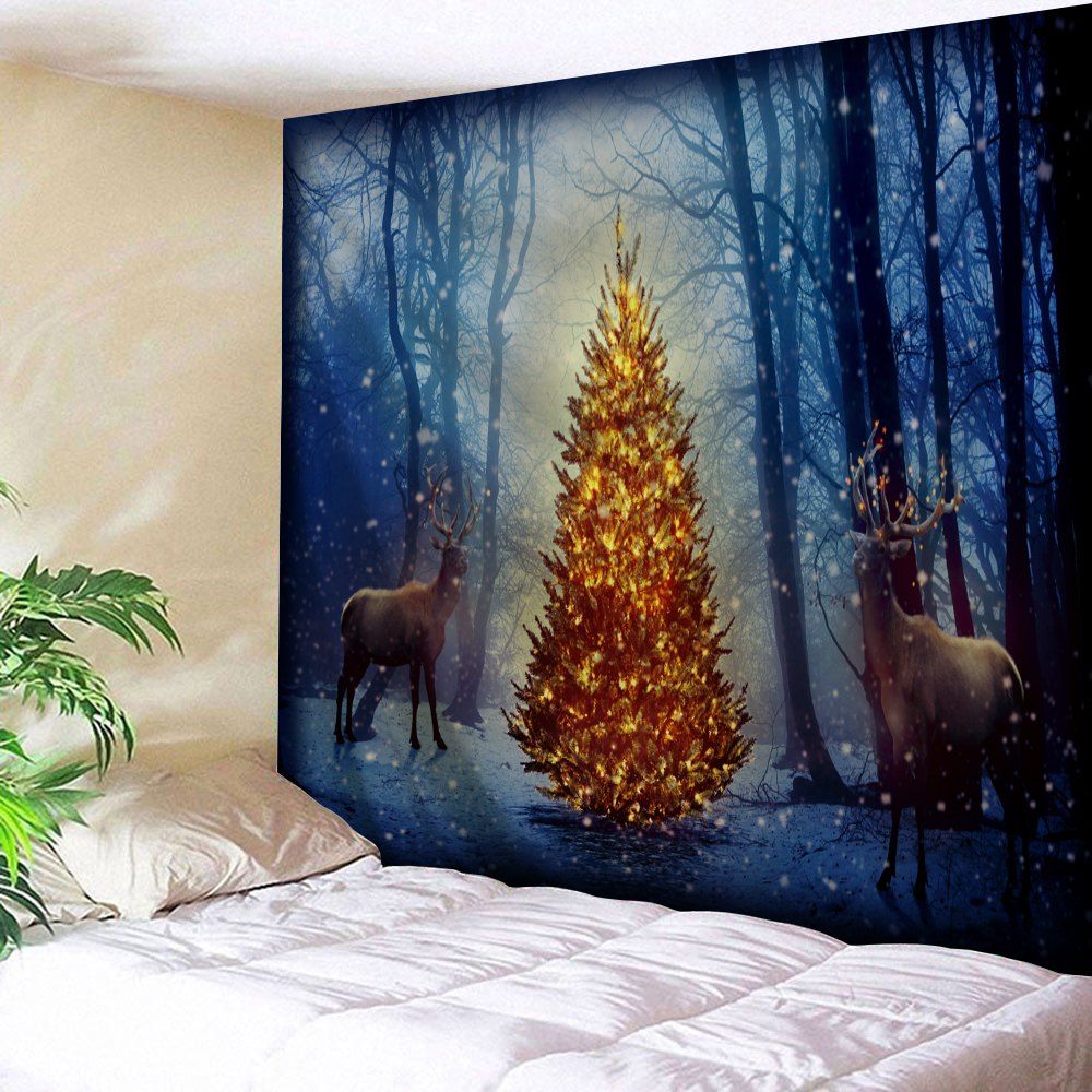 

Christmas Tree Elk Misty Forest Wall Tapestry, Blue