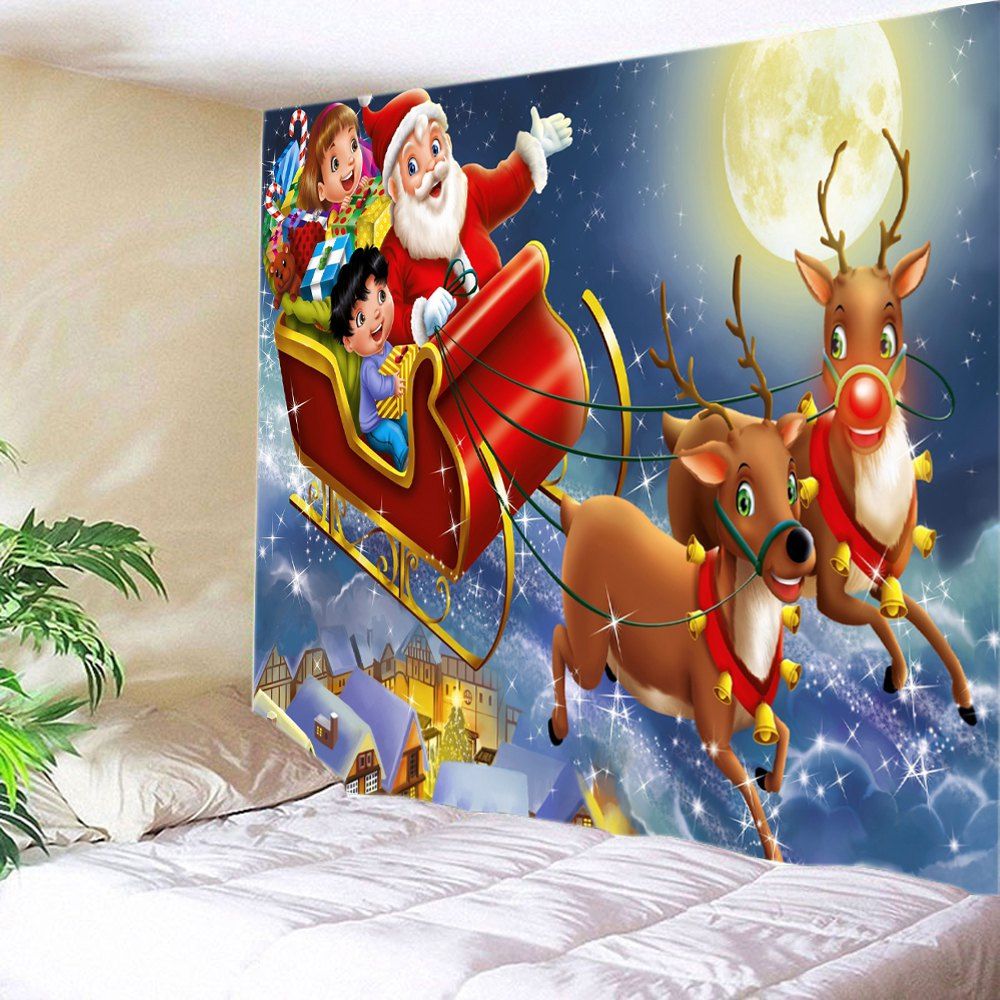 

Christmas Moon Deer Sleigh Print Tapestry Wall Hanging Art Decoration, Red