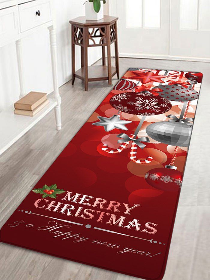 

Christmas Ornaments Ball Print Nonslip Flannel Bath Rug, Dark red