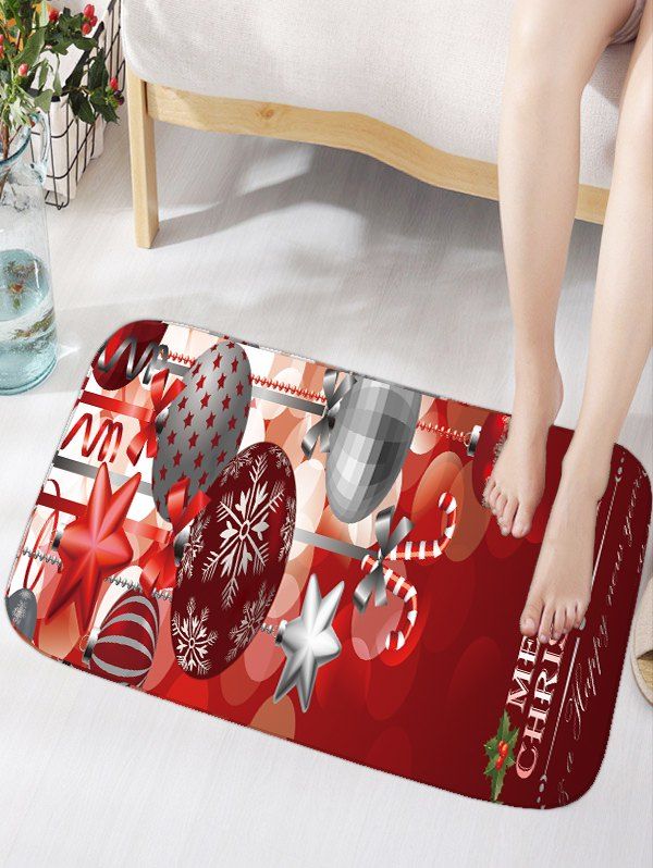 

Christmas Ornaments Ball Print Nonslip Flannel Bath Rug, Dark red