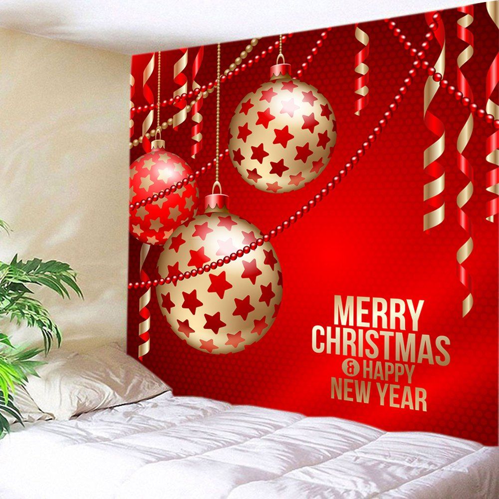 

Christmas Baubles Ribbon Print Tapestry Wall Hanging Art Decoration, Red