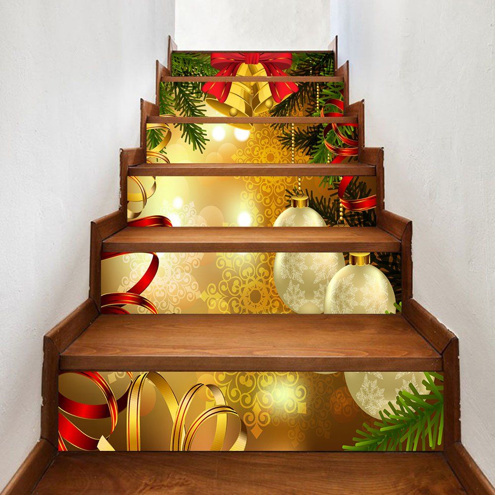 

Christmas Bells Balls Pattern Decorative Stair Stickers, Golden