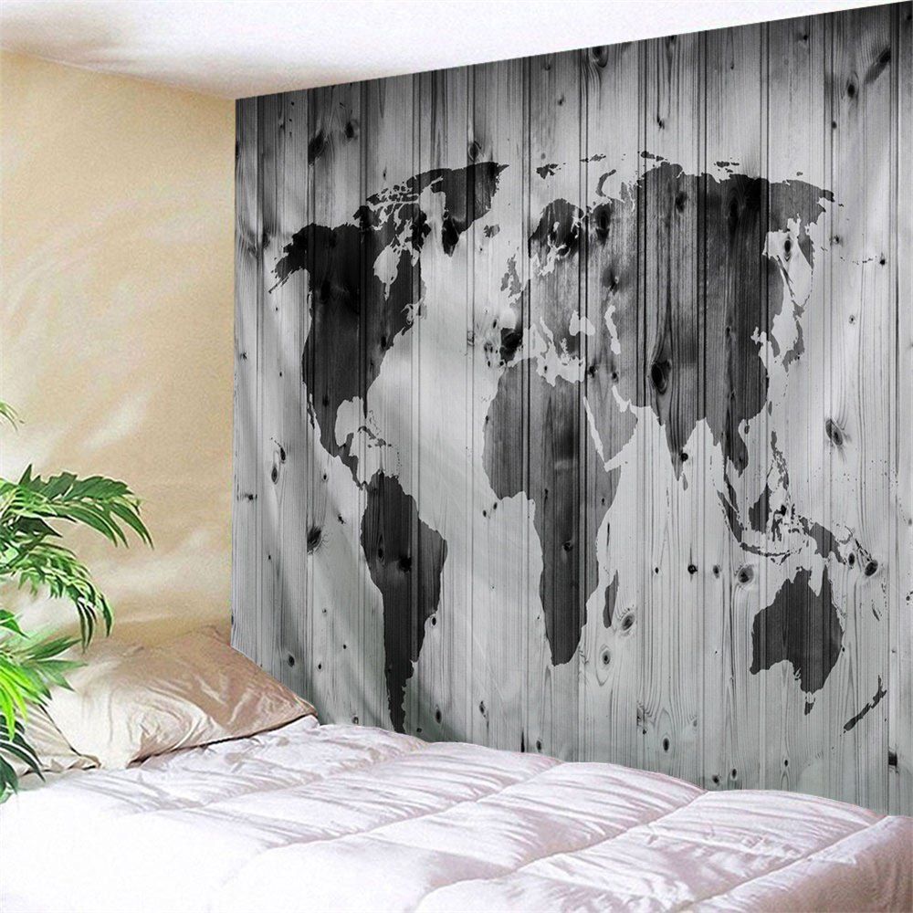 

World Map On Wood Board Print Tapestry Wall Hanging Art Decor, Black grey
