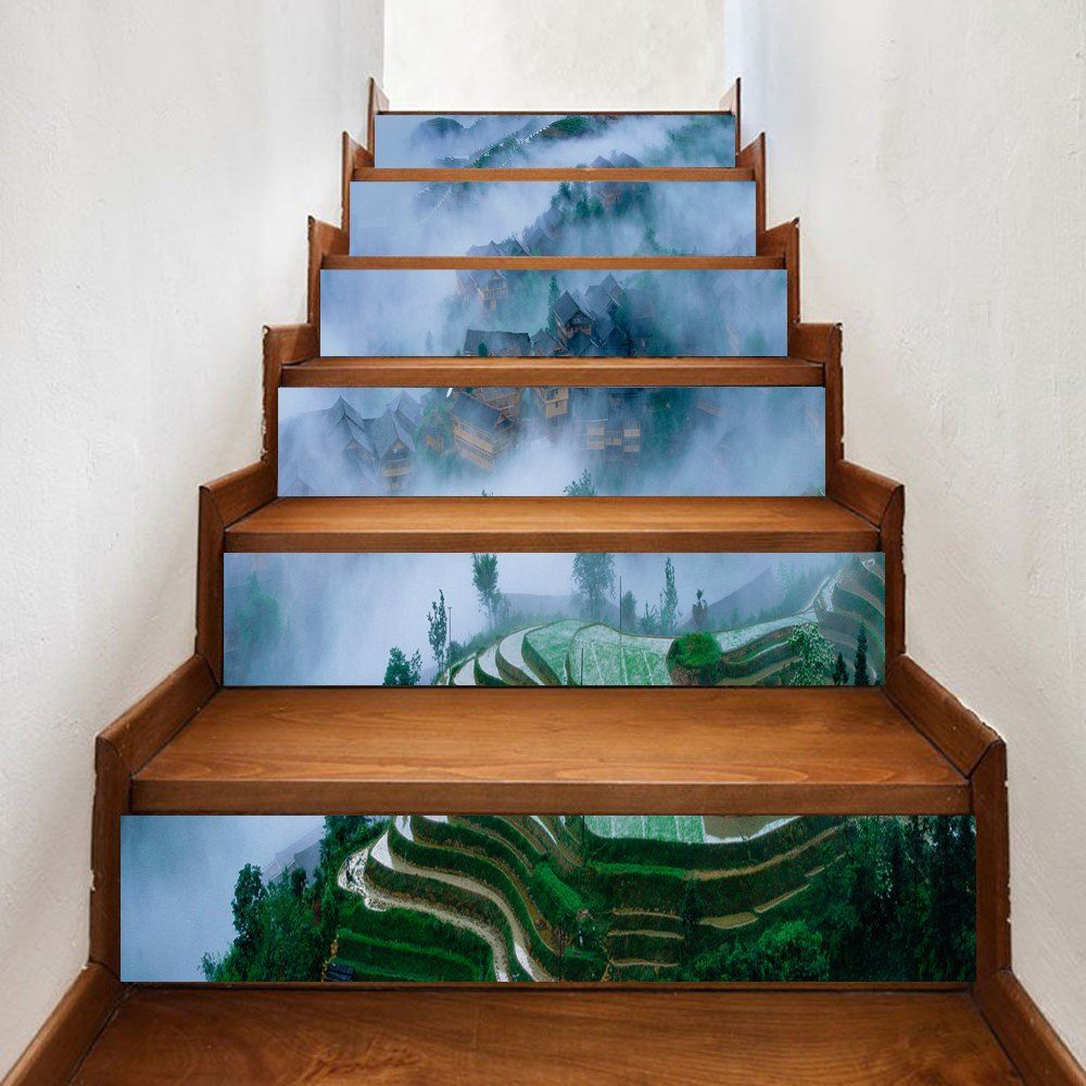 

Mountains Village Pattern Decorative Stair Stickers, Green