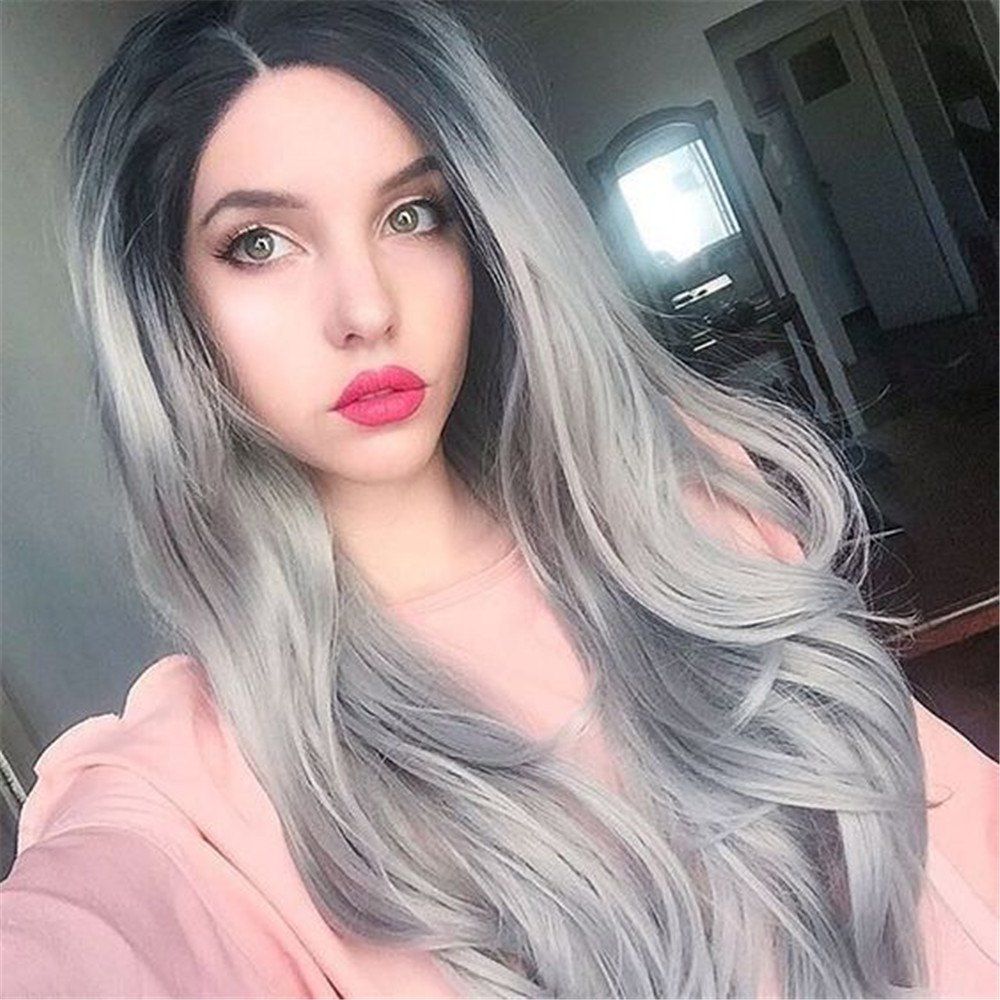

Orgshine  Middle Part Long Body Wave Black Grey Ombre Wig Synthetic Hair Wigs -HG203, Multi