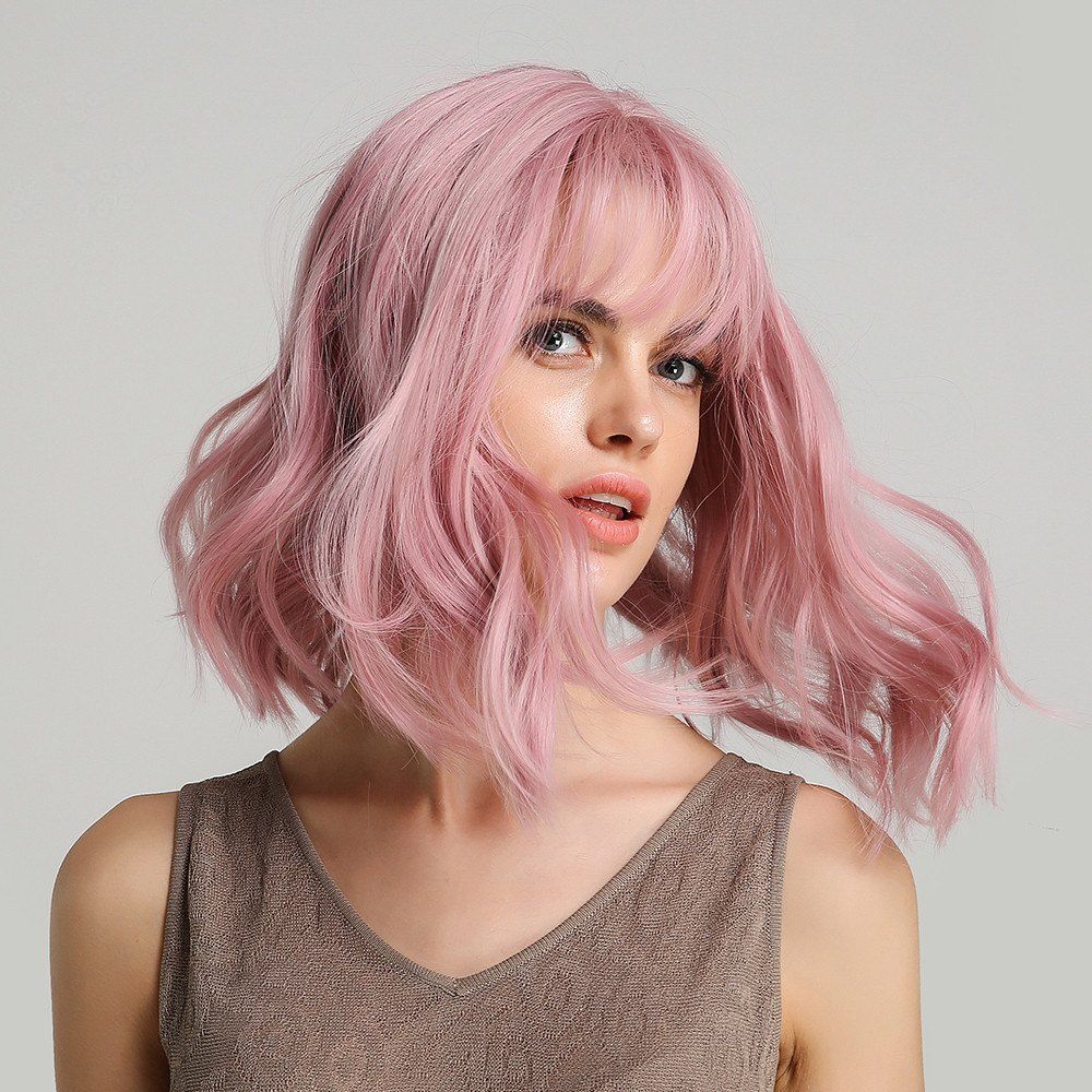 Cheap Short Pink Wavy Synthetic Wig with Bang Purple Wave Wig Cosplay Wig 6-LY210  