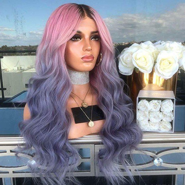 

Halloween Ombre Pink Purple Blue Synthetic Wavy Wig 24 inch, Peacock blue