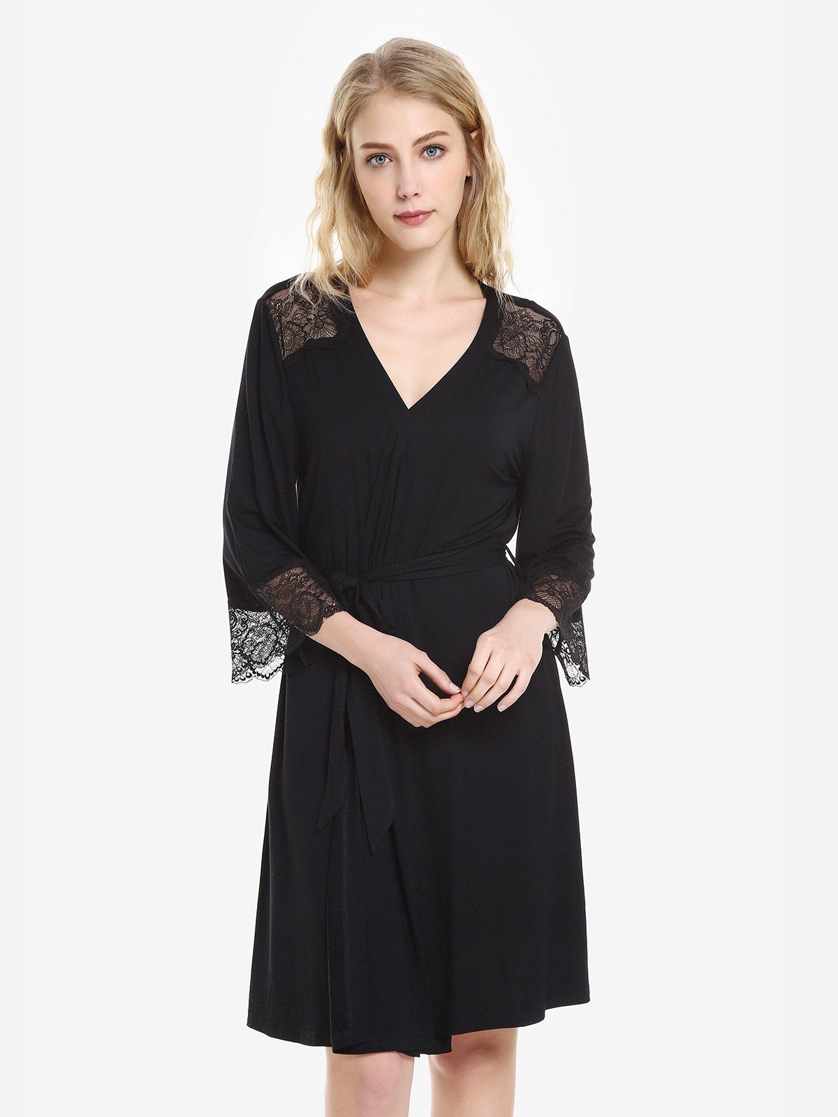 

ZAN.STYLE Front Open Nightgown Belt Sleepwear, Black