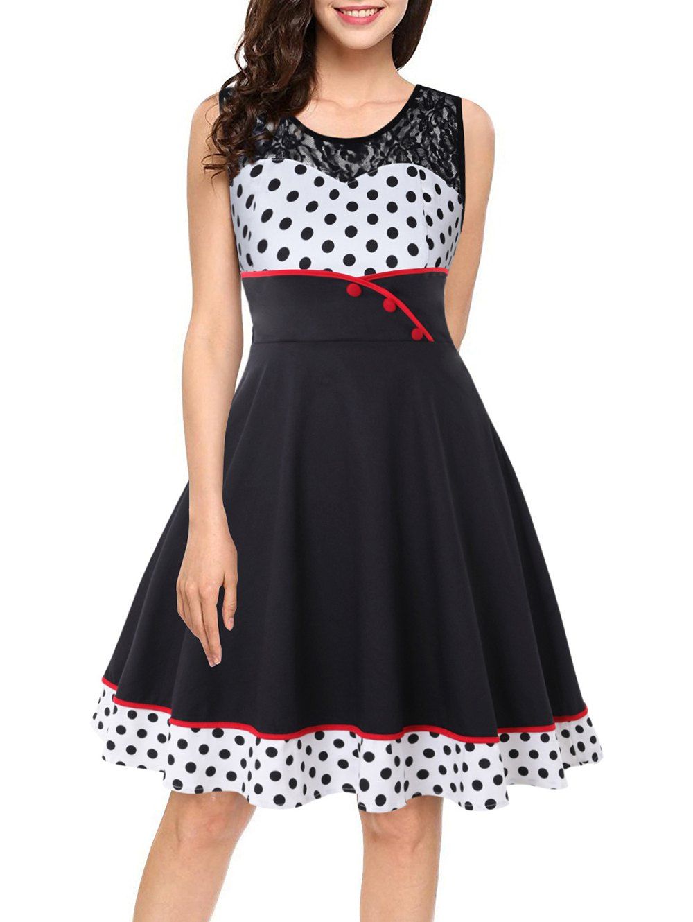 

Round Collar Lace Patchwork Polka Dot Dress, Black