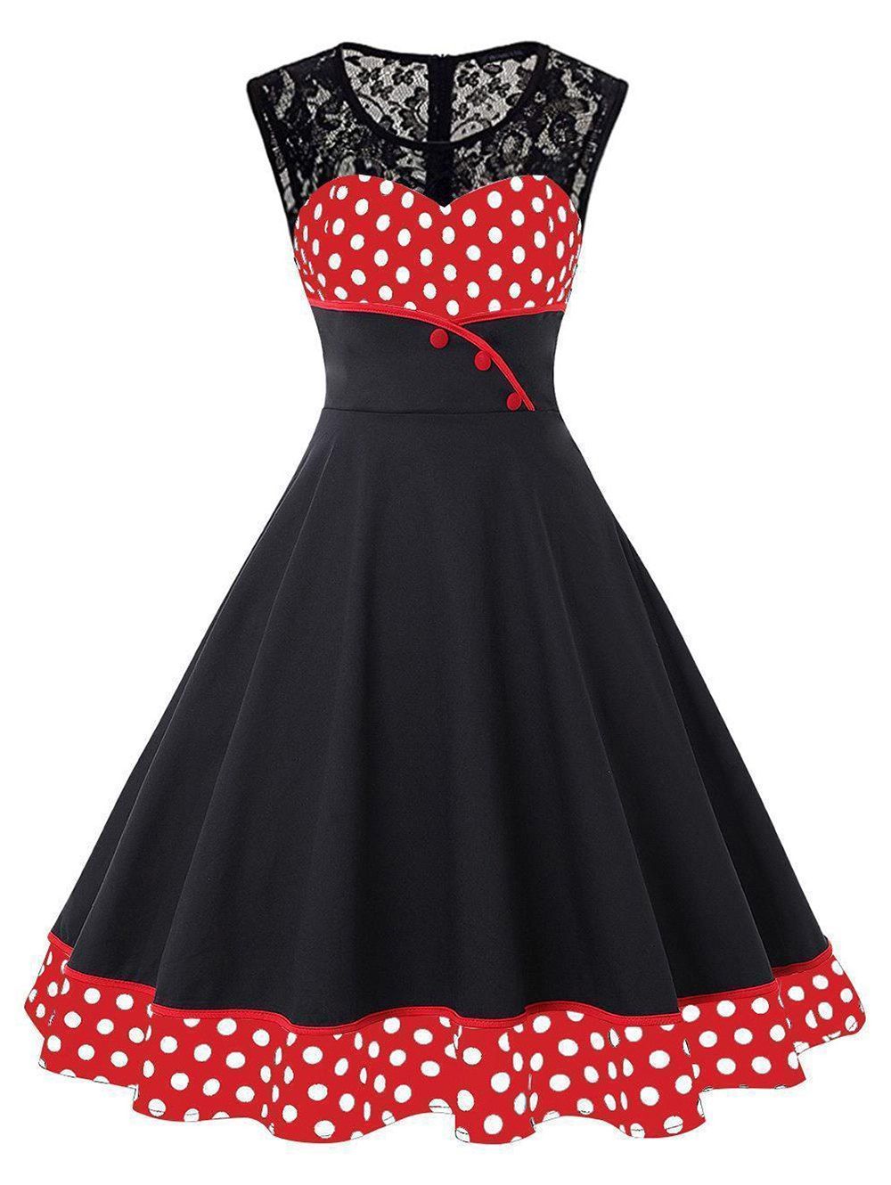 

Round Collar Lace Patchwork Polka Dot Dress, Red