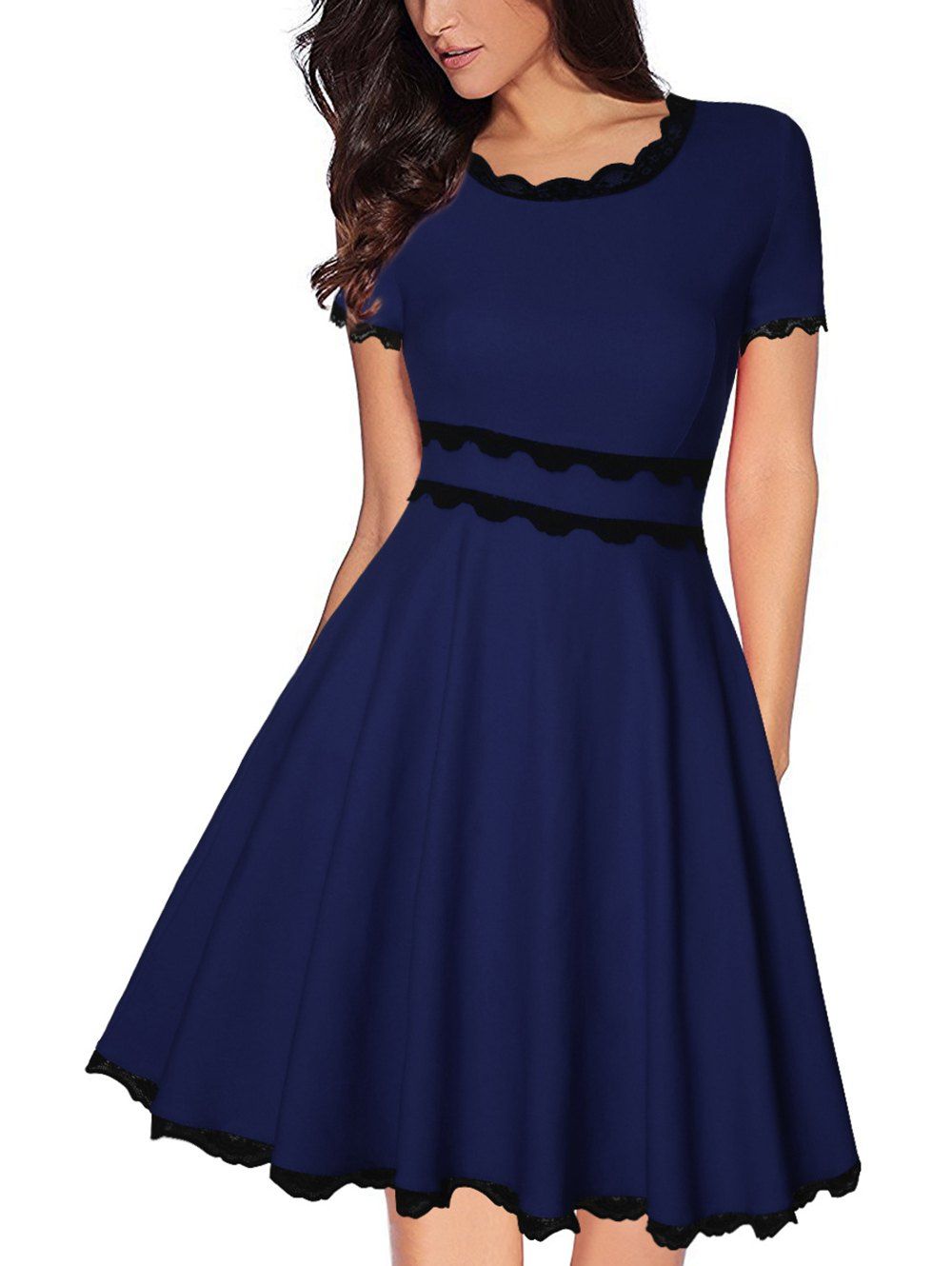 

Round Neck Short Sleeves Narrow Waist Lace Stitching A-line Dress, Blue