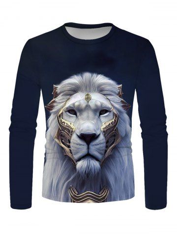 Lion Print Casual Long Sleeve T-shirt - MULTI - L
