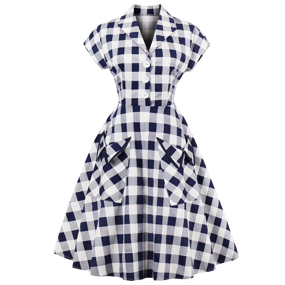 

Fashion vintage plaid printing dress women retro style short sleeve pleated dress defined waist elegant big swing dress with pocket, Blue and white