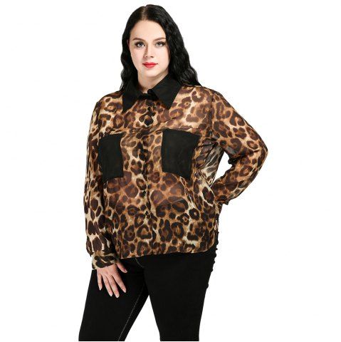 

Plus Size Leopard Loose Chiffon Shirt, Coffee