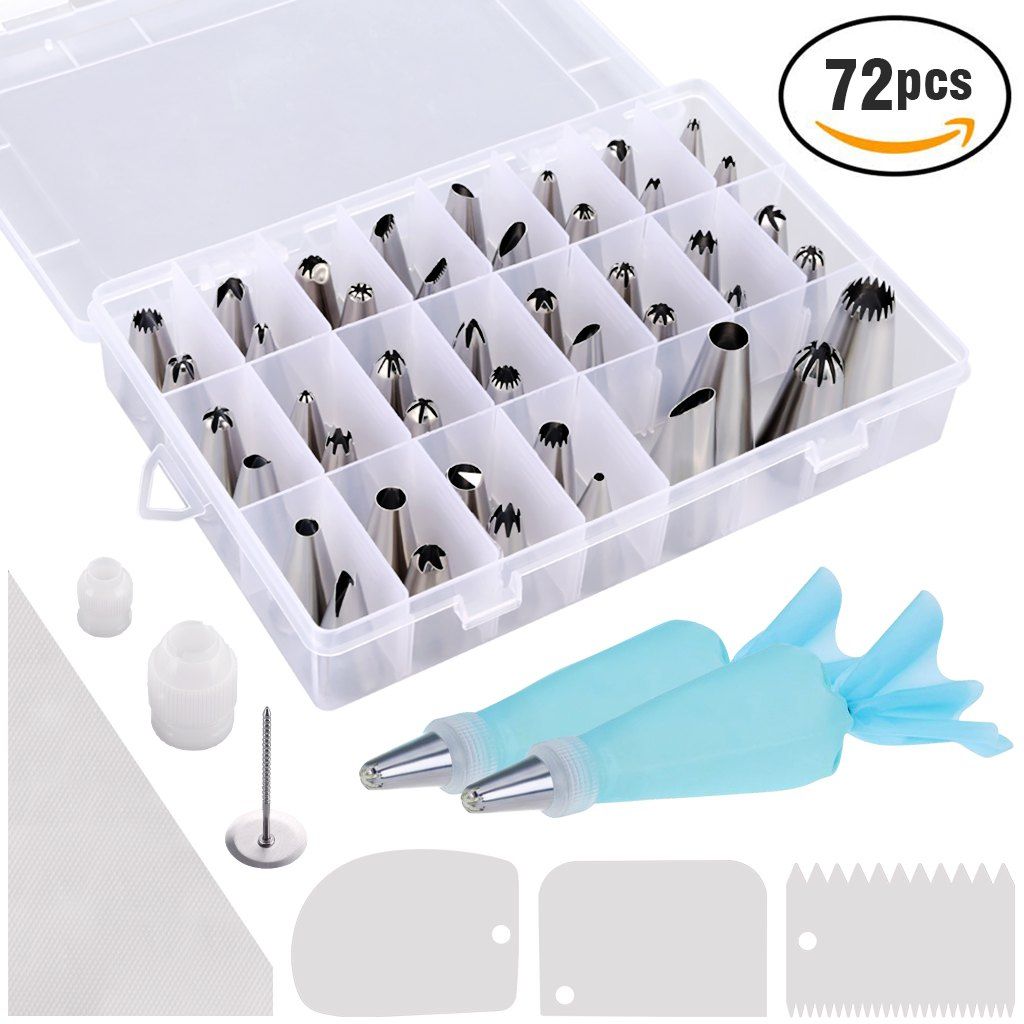 

Rackaphile 72-Piece Cake Decorating Kit with Case, Baking Supplies Tools Set, 44 Stainless Steel Piping Tips 20 Disposable Pastry Bags 2 Reusable Silicone Bags 2 Couplers 3 Cake Scrapers 1 Flower Nail, Multi-a