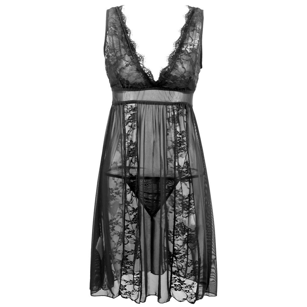 

Women Sexy Deep-V Neck Backless Babydoll Lingeries Sleepdress, Black