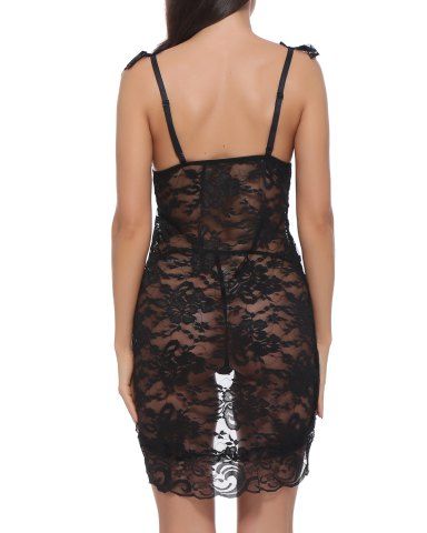 

BELLZIVA Women Sexy Lace See Through Teddy Lingerie Two Piece Babydoll Mini Bodysuit, Black