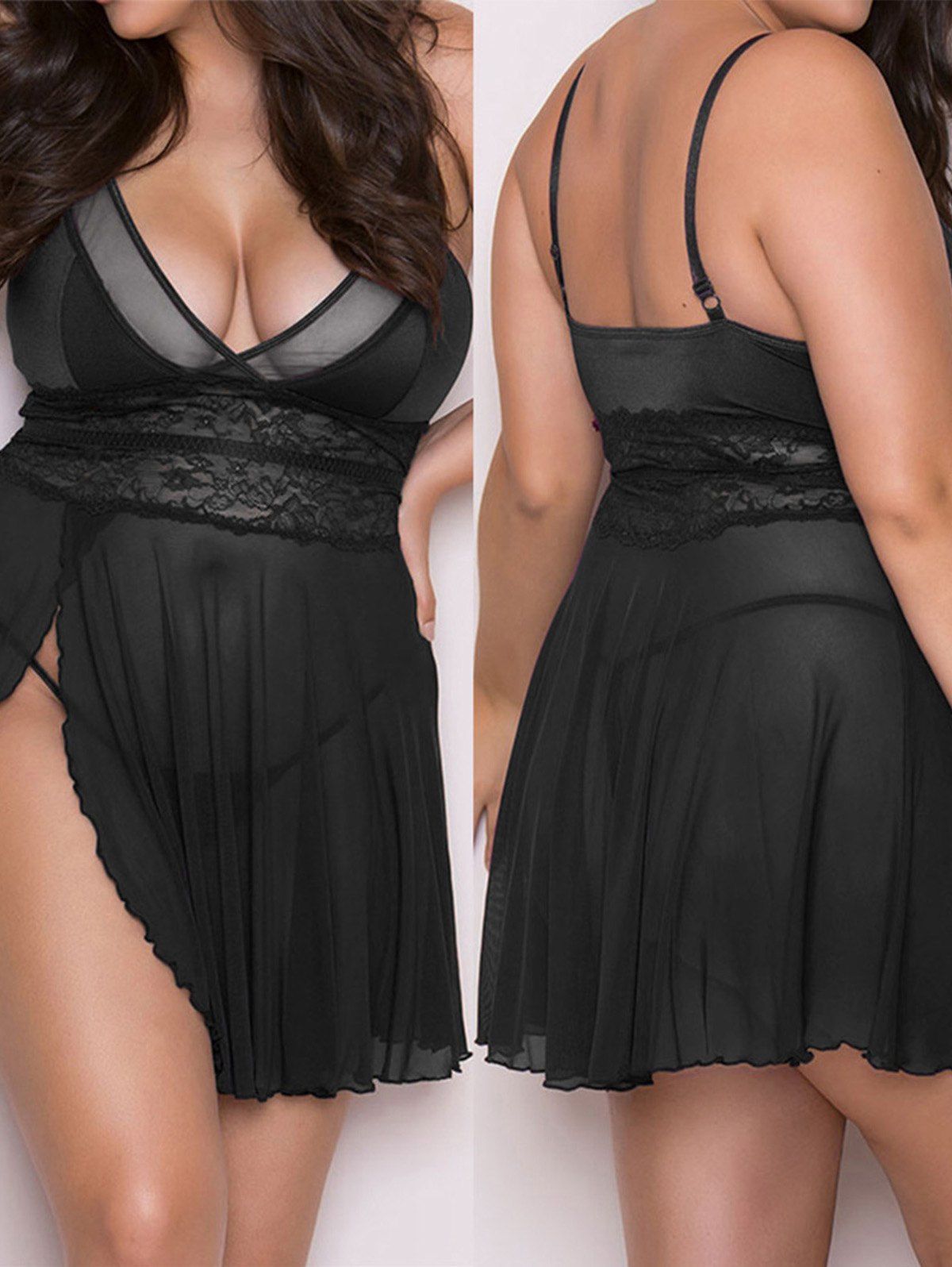 

Women V-neck Plus Size Babydoll Mesh Chemise Sleepwear, Black