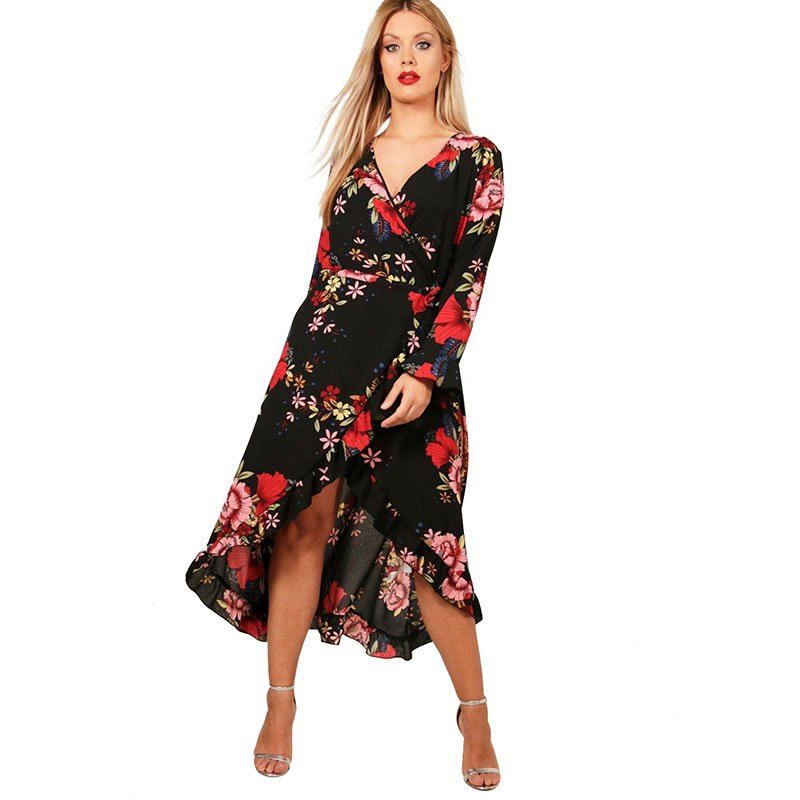 

Plus Size Floral Print V Neck Long Sleeve Irregular Dress, Black