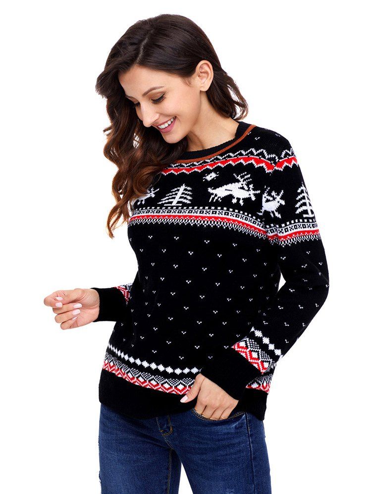 

Christmas reindeer printed pattern base shirt knit sweater, Black