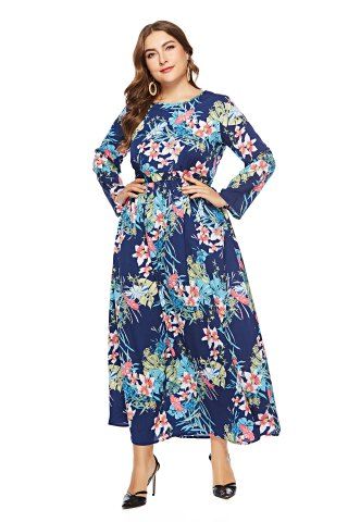 Blue Flower Print Prom Dresses