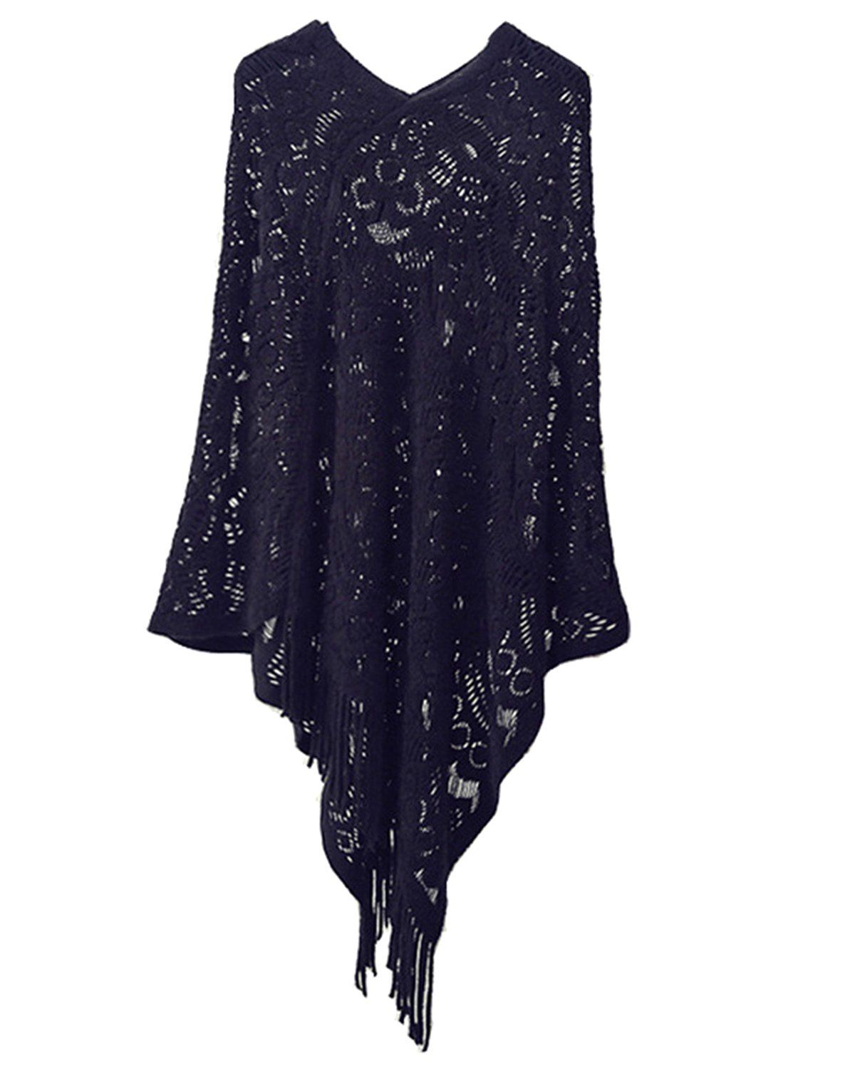 

Hollow Out Fringe Irregular Pullover Shawl Sweater, Black