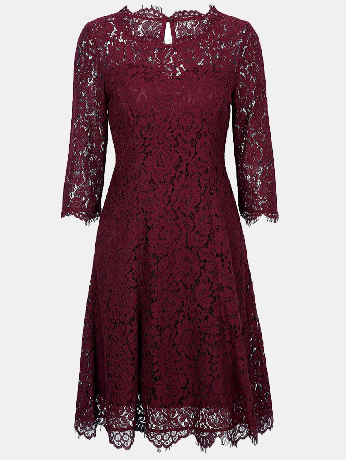 

Lace Round Collar 3/4 sleeves A-line Dress, Burgundy