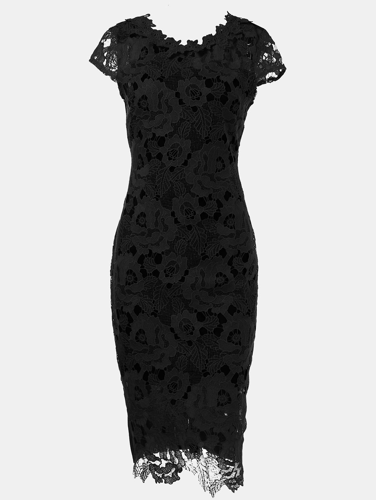 

Hollow Lace Short Sleeves Slim Dress, Black