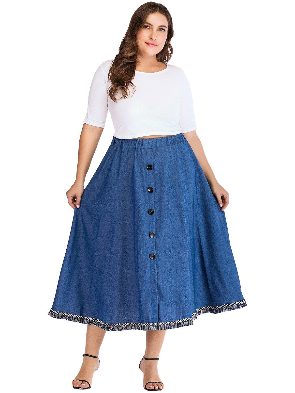  50 OFF Plus Size Button Fringed Denim Skirt Rosegal