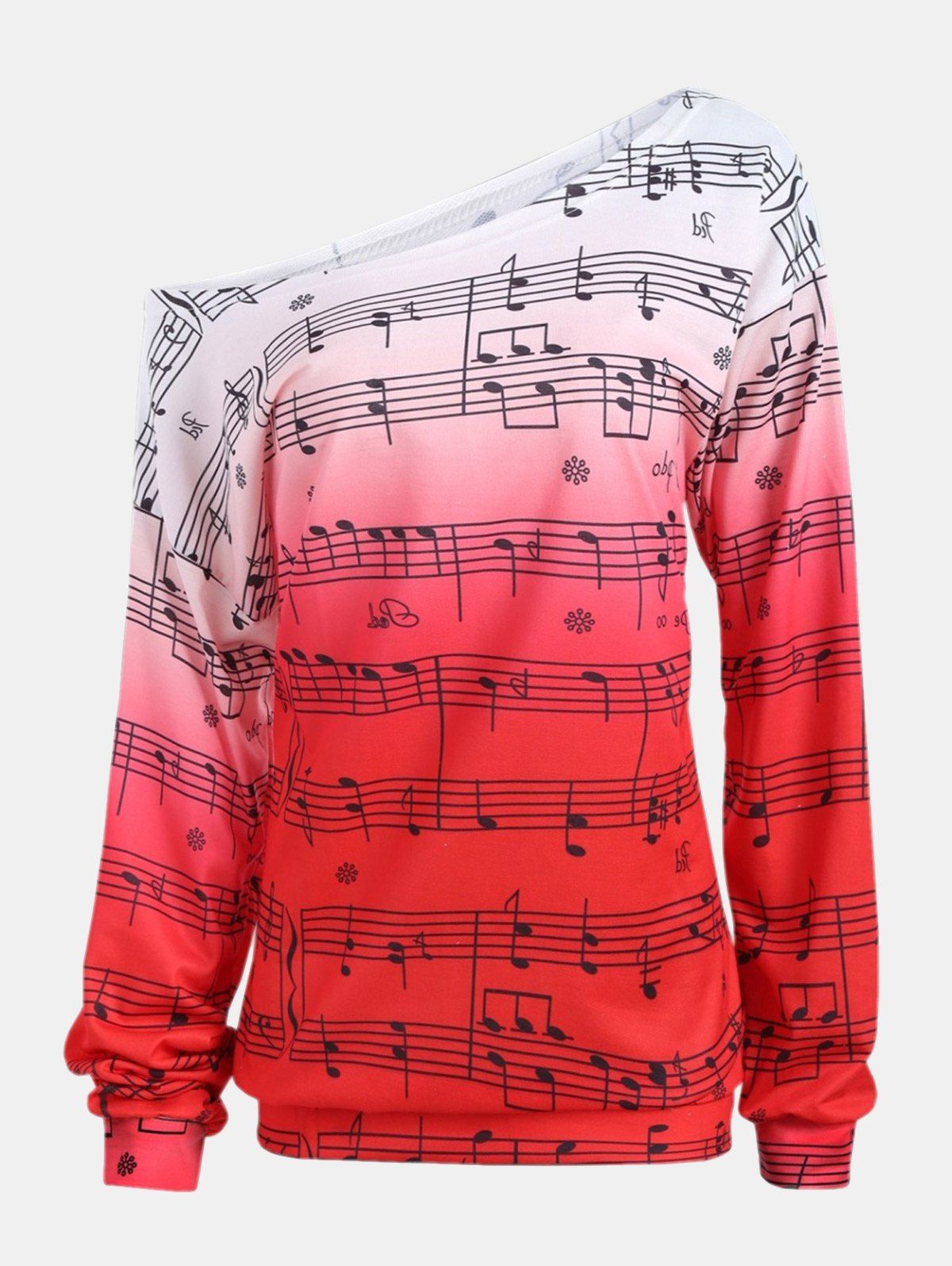 

Personality Gradually Change Color Note Printing Loose Long Sleeve Top, Red