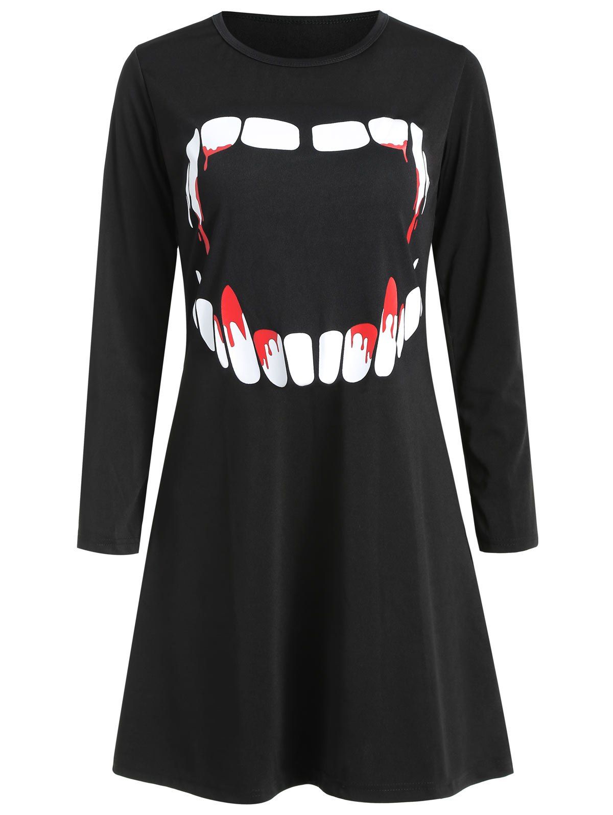 

Women's Round Neck Long Sleeve Halloween Printing A-line Dress, Black