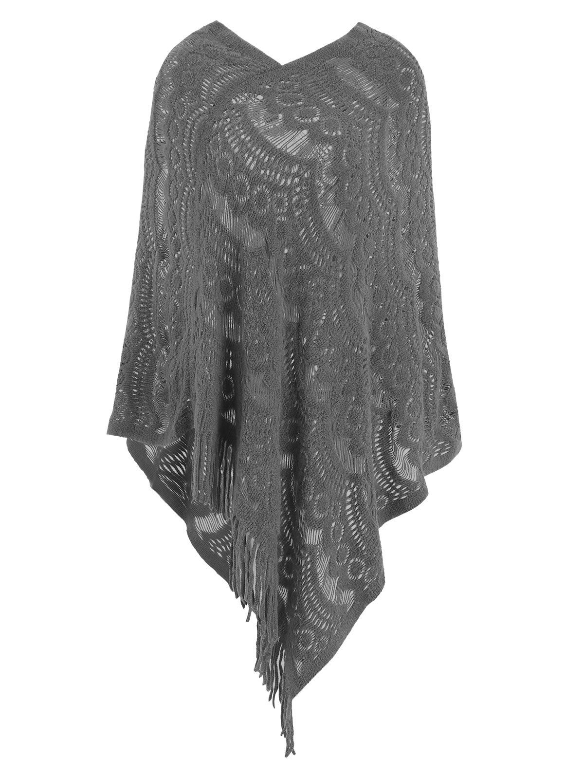 

Hollow Out Fringe Irregular Pullover Shawl Sweater, Gray