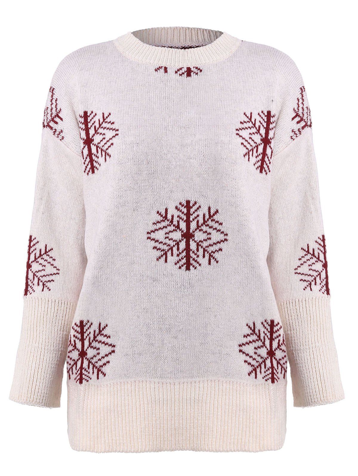 

Jacquard Snowflake pattern Round collar Sweater, White