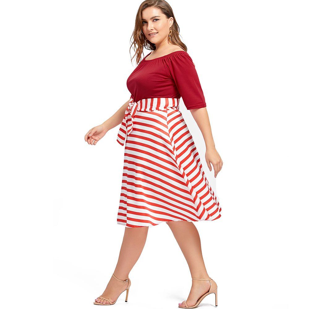 

Plus Size Christmas Party Stripe Knee Length Dress, Red