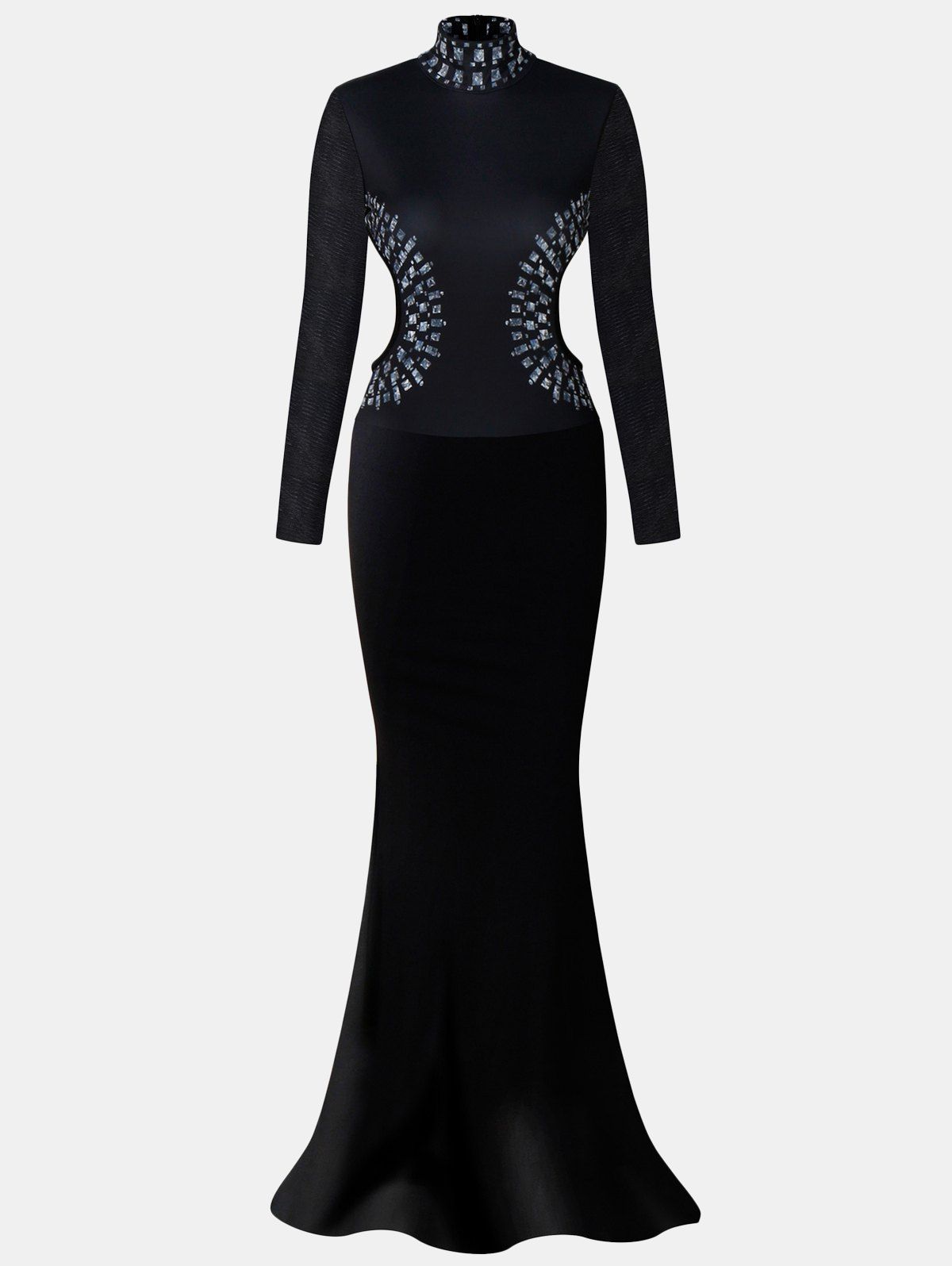 

Stand Up Collar Long Sleeve Dew Waist Floor Long Dress, Black