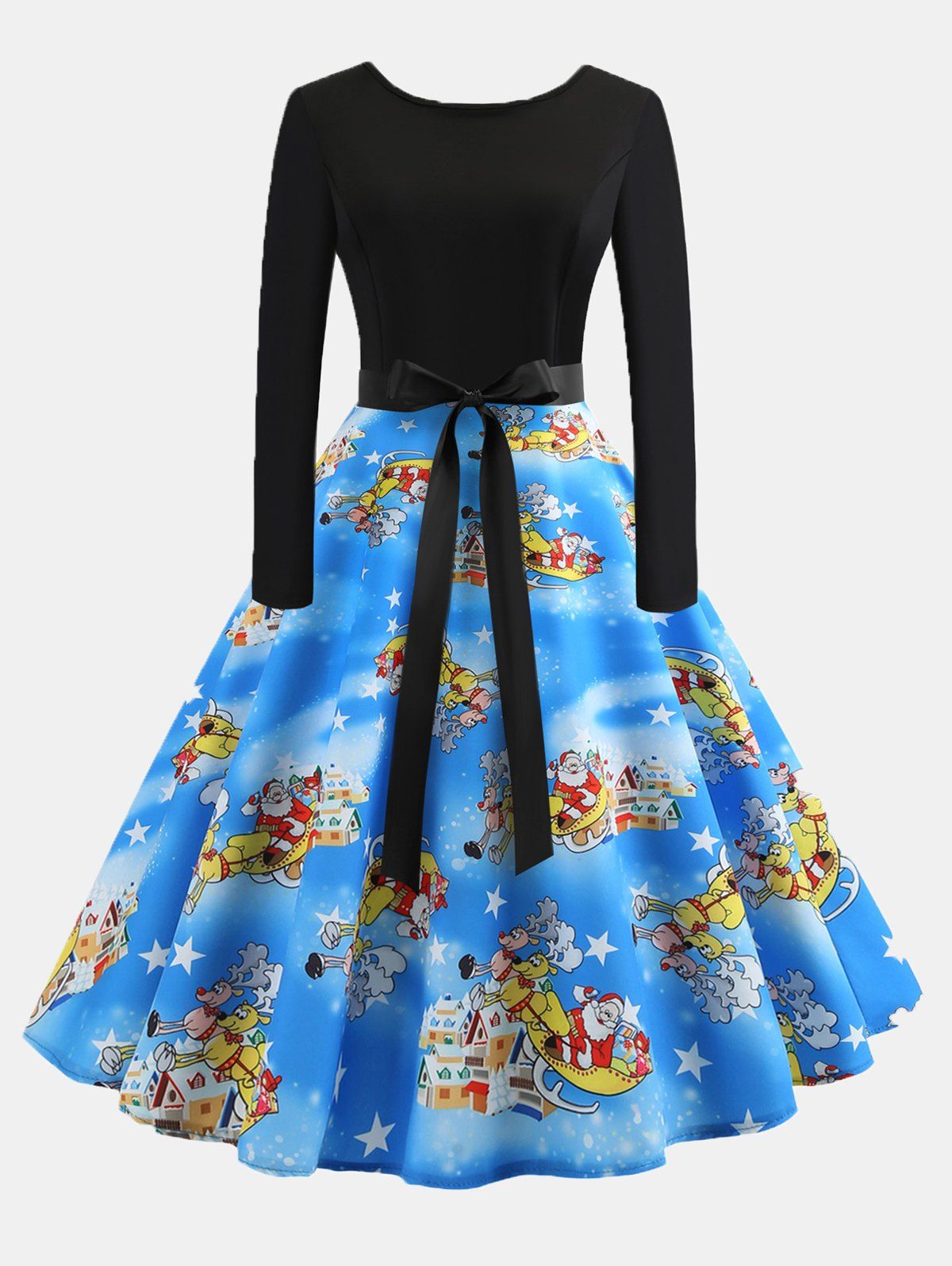 

Vintage Print Patchwork Round Collar Long Sleeves Wide Dress, #001