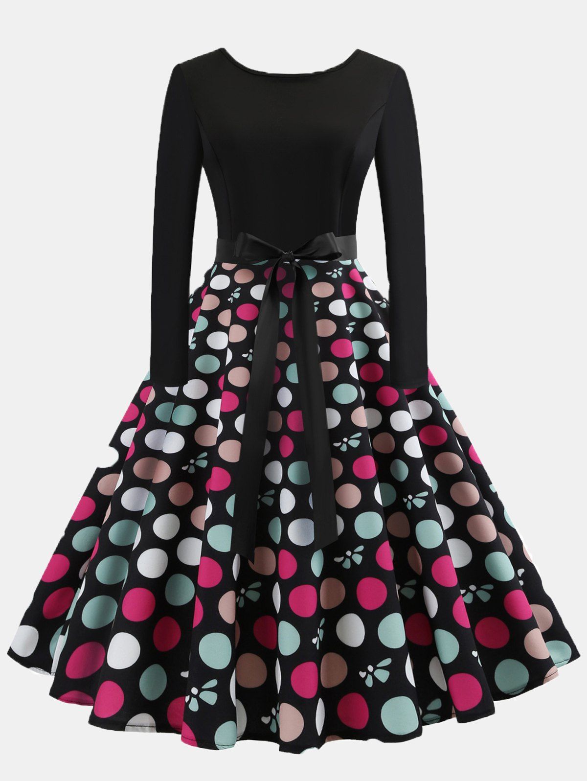 

Vintage Print Patchwork Round Collar Long Sleeves Wide Dress, #004