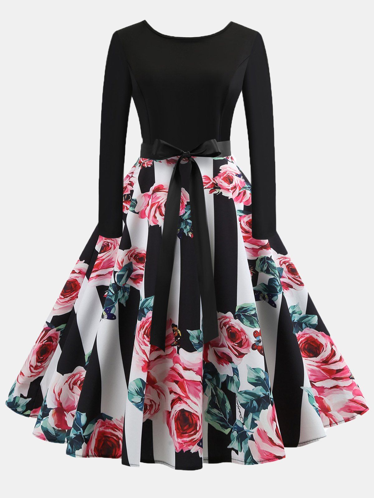 

Vintage Print Patchwork Round Collar Long Sleeves Wide Dress, #005