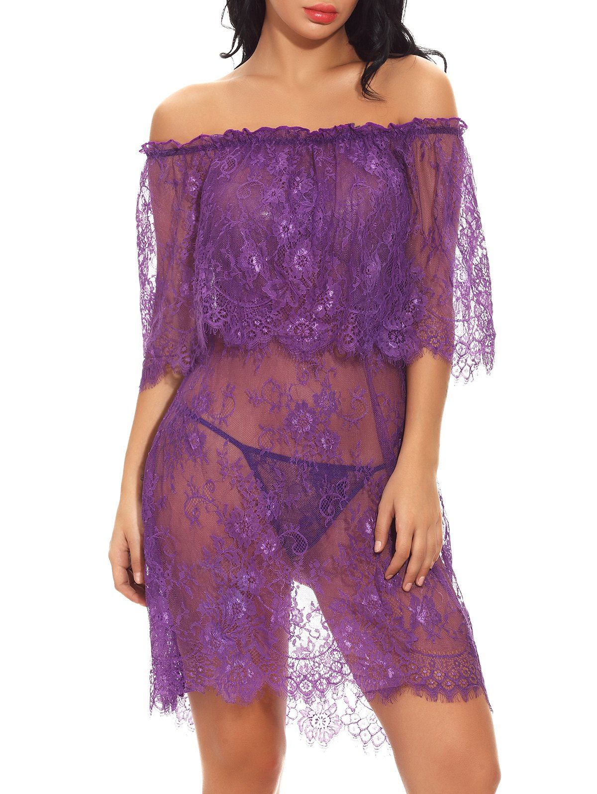 

Off Shoulder Sexy Lace Babydoll Lingeries Sleepdress, Purple