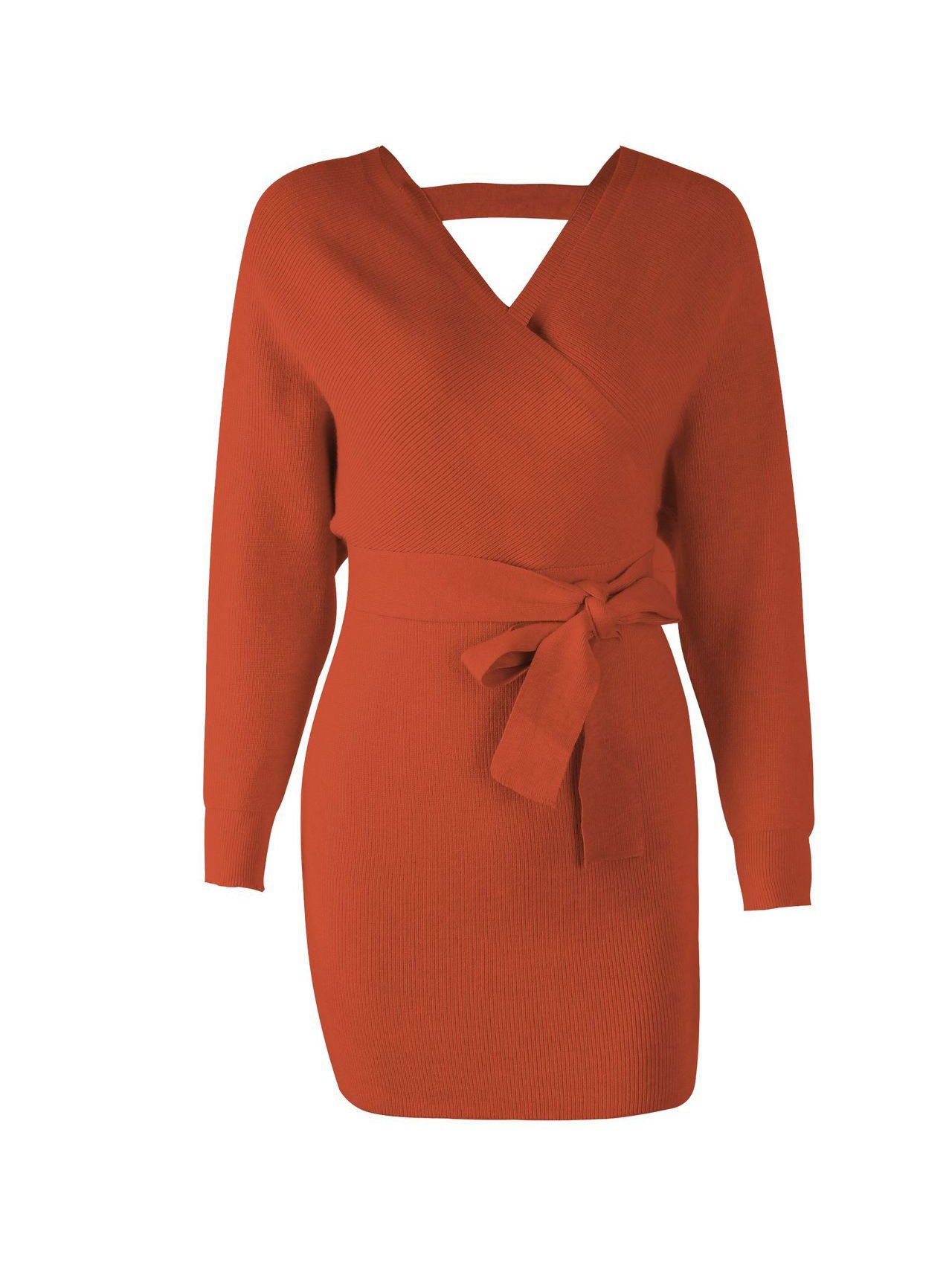 

V-neck belt Collect waist long sleeve dress backless sweater dress, Orange