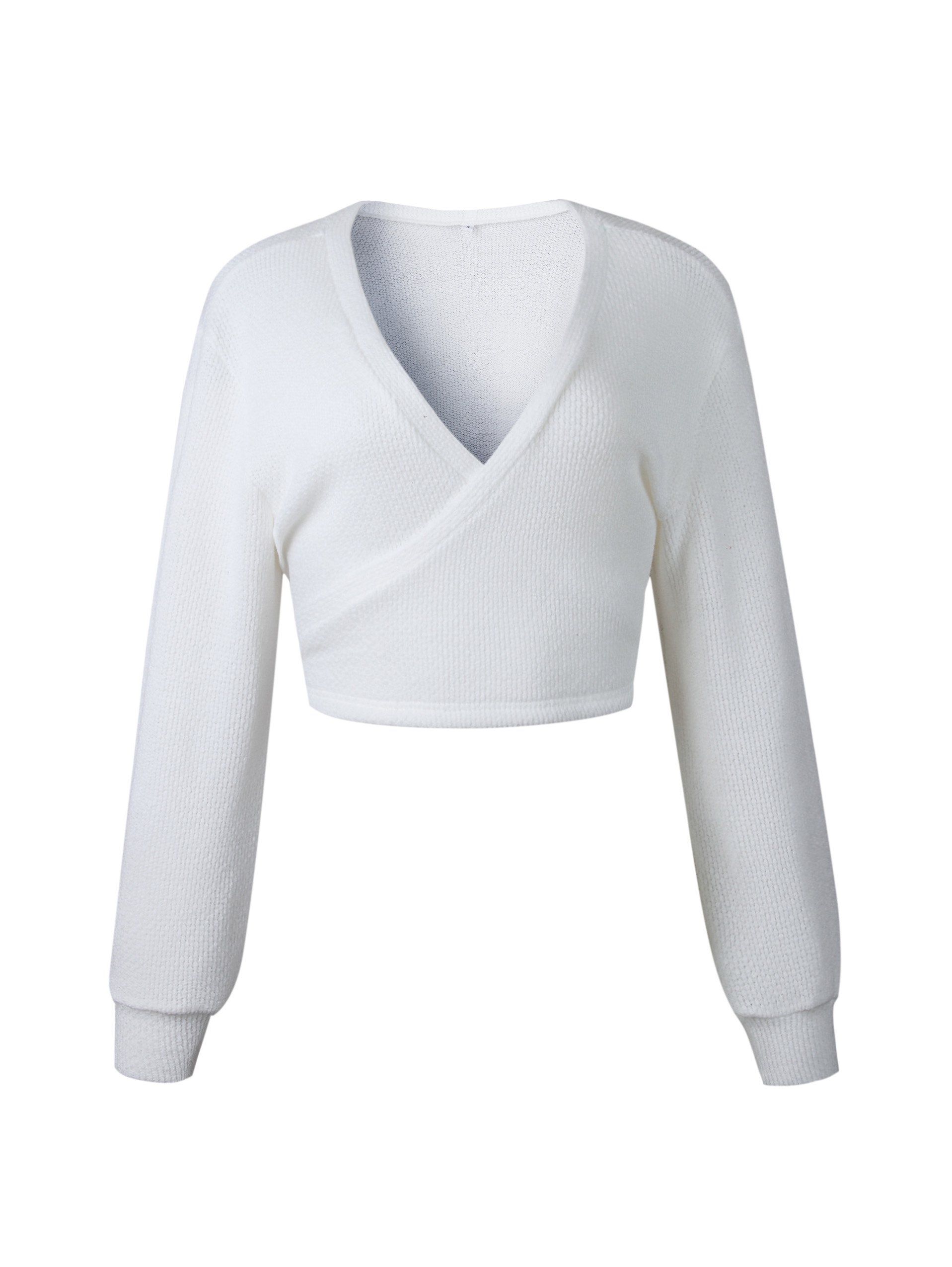 

V-neck belt slim long sleeves sweater, White