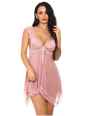 

Backless V Neck See Through Lingerie Babydoll, Pink