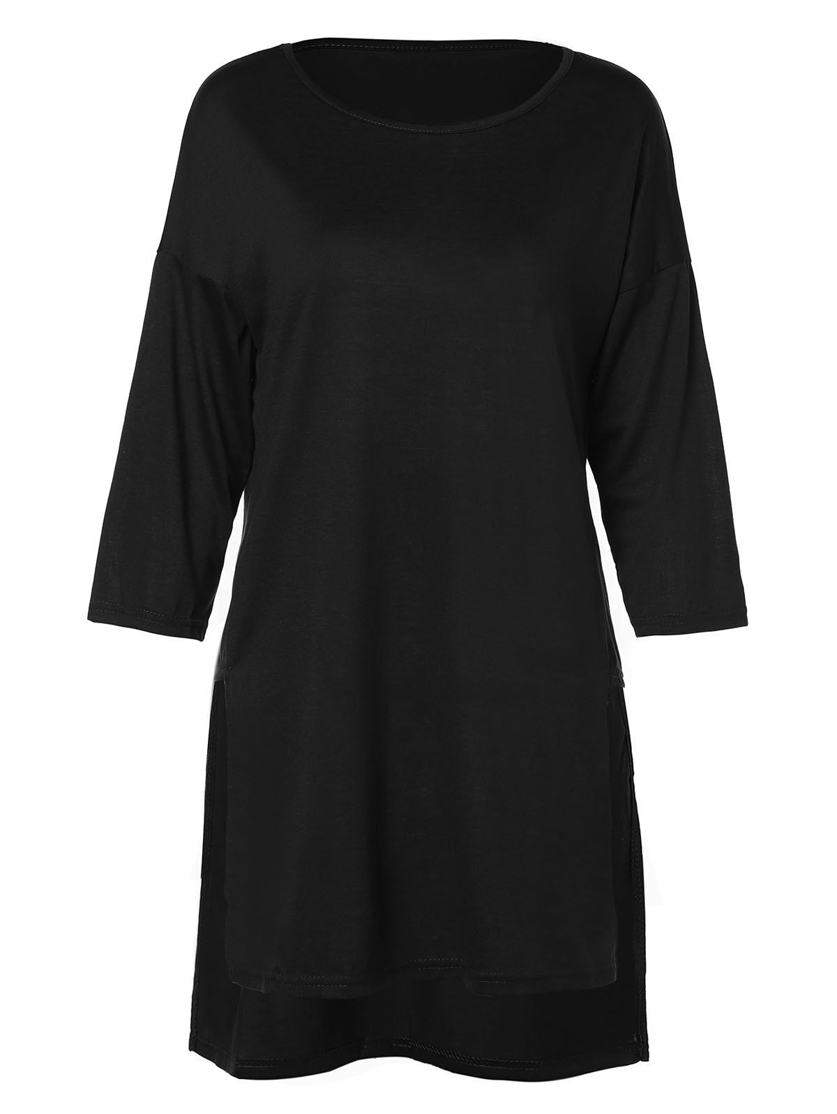 

Round collar Side Slit casual long T-shirt, Black