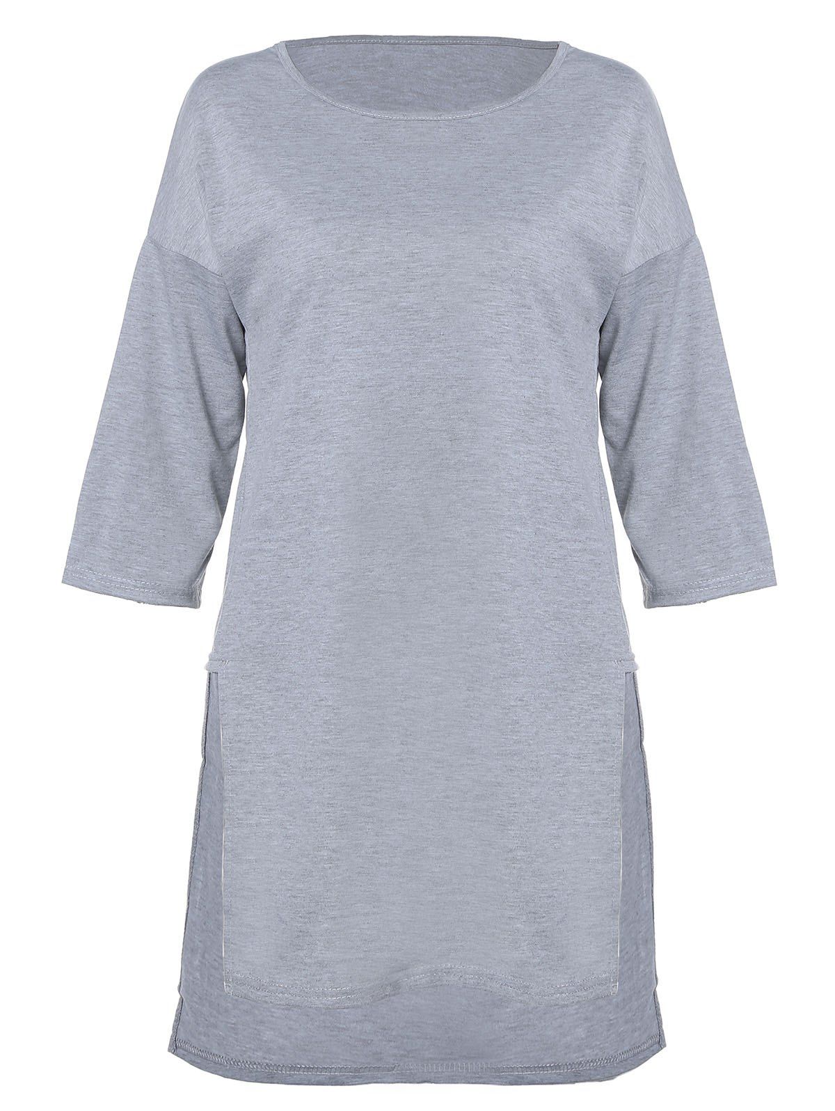 

Round collar Side Slit casual long T-shirt, Gray