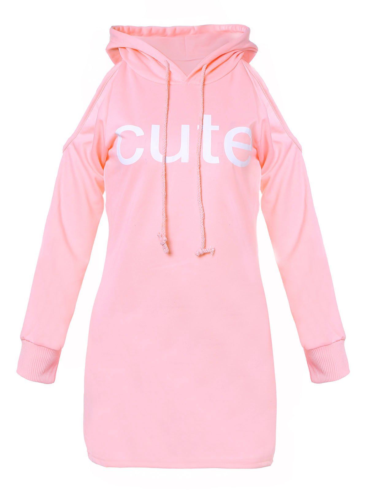 

Off-the-shoulder long-sleeved hooded dress, Pink