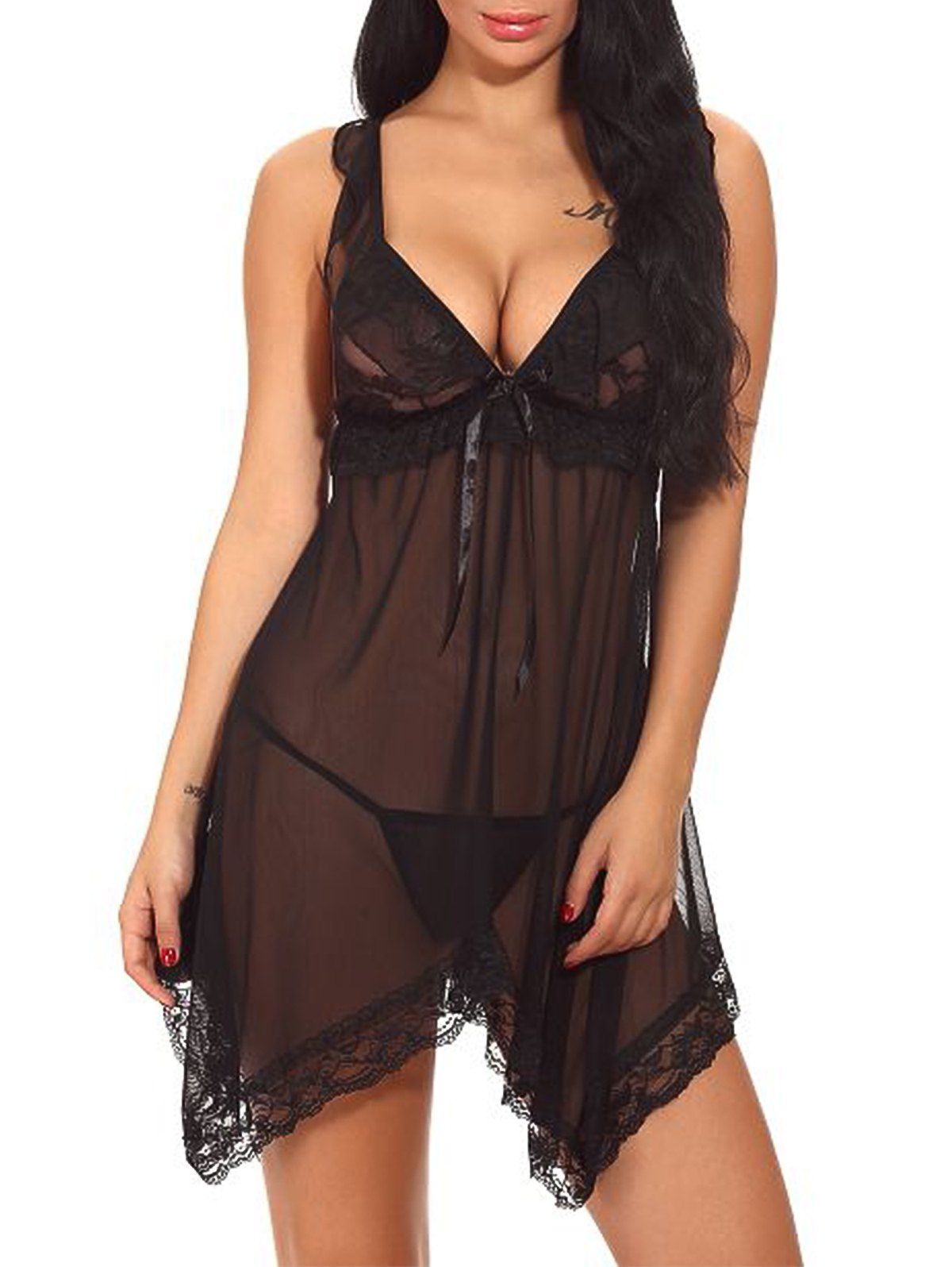 

Backless V Neck See Through Lingerie Babydoll, Black