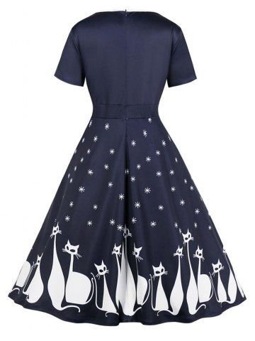 

Hepburn Vintage Series Women Dress Spring And Summer V-neck Cat Printing Design Short Sleeve Corset Dress, Navy blue