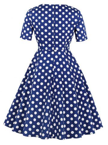 

Hepburn Vintage Series Women Dress Spring And Summer Square-cut Collar Dot Printing Design Half Sleeve Corset Dress, Blue